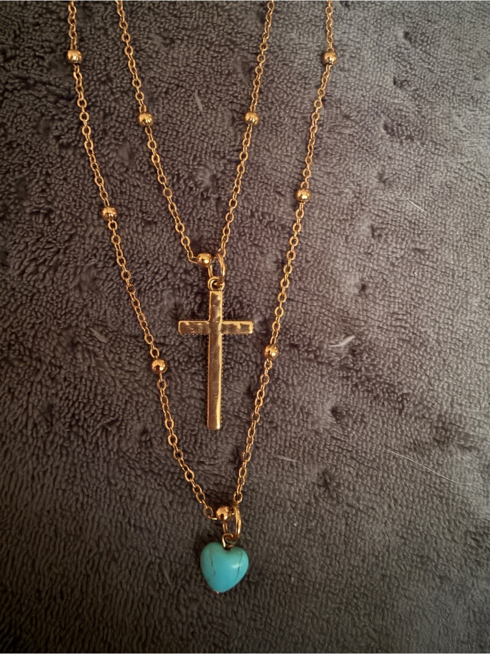 Gold-Tone Layered Cross Necklace with Turquoise Heart Charm - Women Jewelry